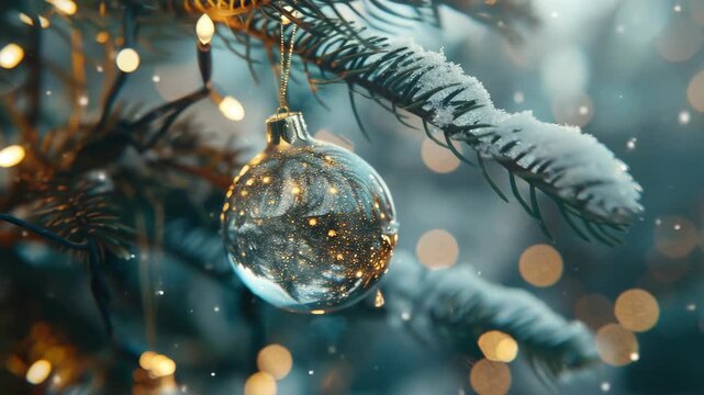 Snow-dusted pine branch holds a glowing glass ornament. Warm bokeh lights float softly in the winter air. Frosty needles frame a festive, magical holiday moment