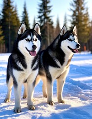 Fototapeta premium Husky dogs in the snow. Pedigree sled dogs