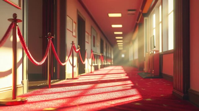 Red carpet stretches down a sunlit hallway. Sturdy ropes line the corridor's edges. Warm light casts soft shadows across the floor. Long, low windows let golden rays in