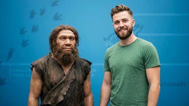 Ancient Neanderthal man standing side by side with a modern smiling bearded man in a green shirt against a blue museum wall background showcasing evolutionary footprints in a striking educational cont
