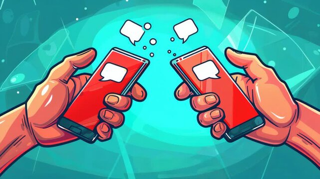 Two hands hold smartphones, tapping messages. Speech bubbles float above, showing digital communication. Bright red phones contrast against glowing blue background. Fingers grip devices