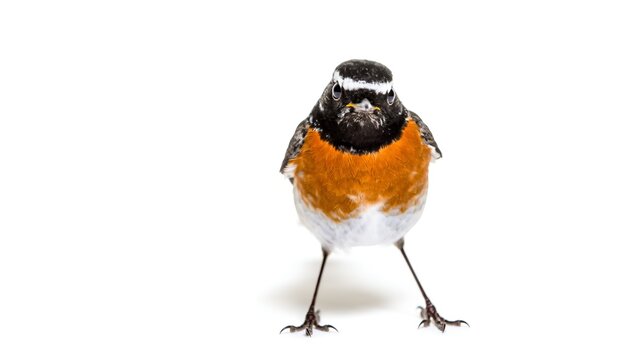 Whinchat bird close-up isolated portrait in studio; eye contact avian wildlife species