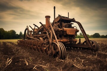 Fototapeta premium Old rusty agricultural tractor plowing a field under a cloudy sky