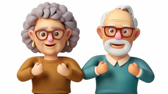 Cute cartoon couple cheerfully claps hands together. Both wear glasses and smile warmly. Soft tones highlight their joyful, affectionate moment. Their poses suggest shared happiness and friendship