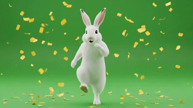 Adorable white rabbit dancing on green background with gold confetti