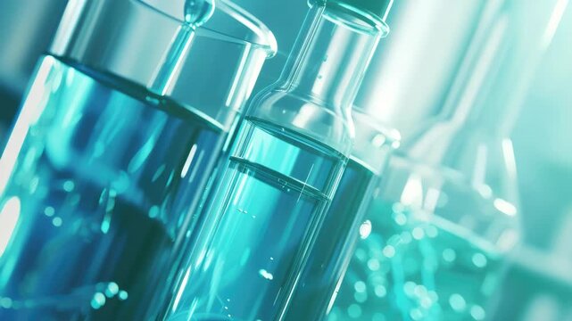 Lab bottles hold glowing blue liquid. Glass containers reflect soft, cool light. Science experiments appear calm and precise. Focus sharpens on central vial. Background blurs into dreamy bokeh