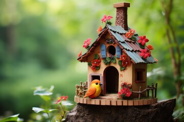 Miniature birdhouse decorated with vibrant flowers and a bird perched in a green garden setting