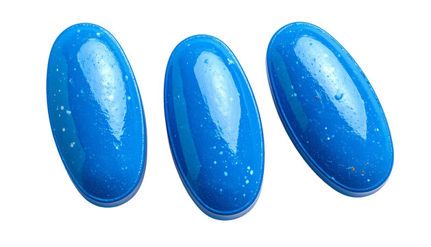 Three vibrant, glossy, oval-shaped blue objects with subtle speckles, against a black background