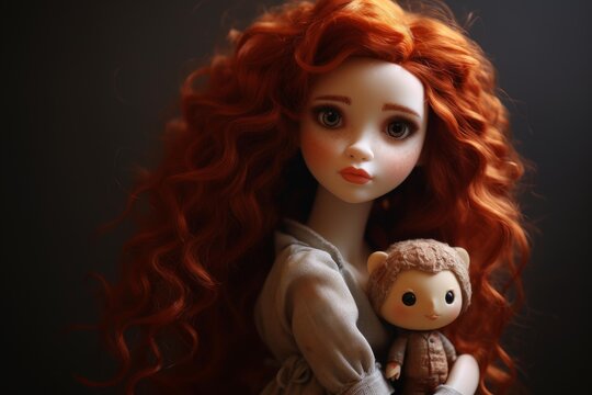 Ball jointed doll with long red curly hair holding a cute teddy bear against a dark background