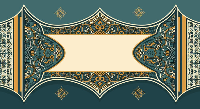 Elegant Ramadhan and Ied Islamic Design with Traditional Arabic Patterns and Decorative Borders in Rich Teal and Gold Tones