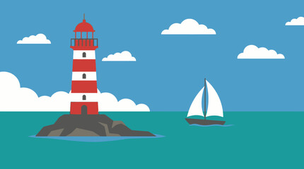 Lighthouse on a rocky island with a sailboat in the sea.