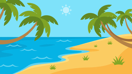 Obraz premium Tropical beach scene with palm trees and clear blue water.