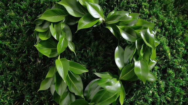 Fresh green leaves form a perfect circle on lush grass