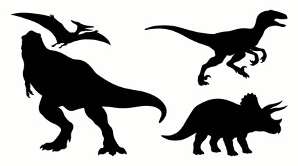 Silhouettes of three different dinosaurs standing alone.