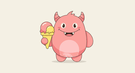 Pink Cartoon Monster Holding Ice Cream.