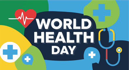 World Health Day banner in flat design with colorful background and medical icons for healthcare awareness campaign