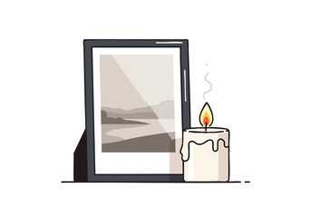 A framed photograph stands beside a lit candle, casting a soft glow on a serene landscape depicted within the frame, evoking a sense of nostalgia and remembrance © Nurul