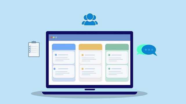Flat vector animation of laptop dashboard with team icon, checklist document, and chat bubble representing team collaboration, project communication, and digital workflow management.