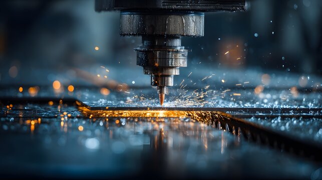 High-tech industrial waterjet cutting machines actively slicing through thick steel plates, powerful streams of water and sparks flying.