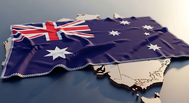 Australian flag draped over a 3D map of Australia, symbolizing national pride and geography