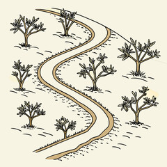 Depiction of a winding dirt road through sparse vegetation © md ruhul11
