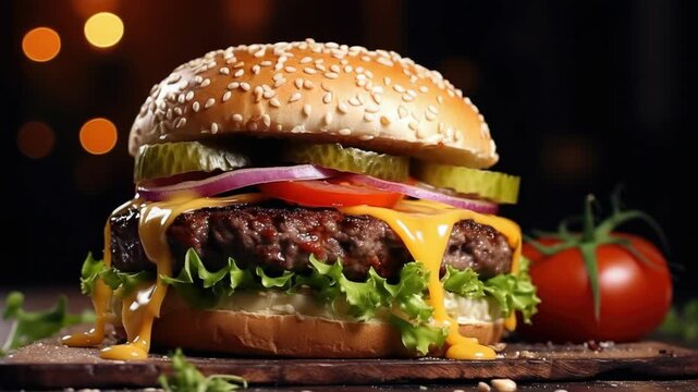 Juicy burger sits on wooden board. Cheese oozes over patty and lettuce. Red onion and pickles add crunch. Sesame bun looks perfectly toasted. Tomato rests beside the burger