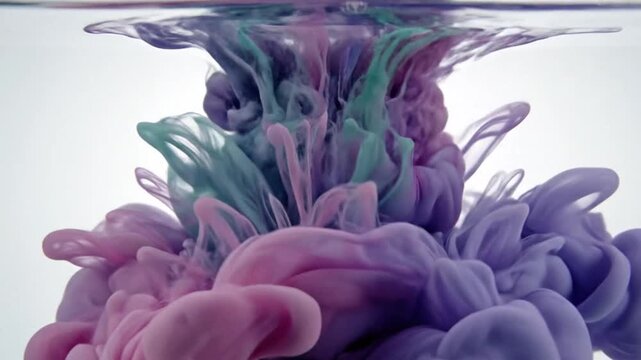 Abstract purple and teal ink in water, swirling colorful paint clouds on white background, fluid motion of liquid acrylic drop for creative design