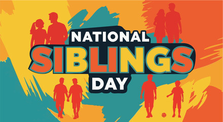 Obraz premium National Siblings Day banner with colorful silhouettes in vibrant orange and blue hues for social media post