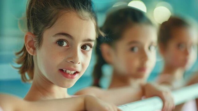 Young girl smiles gently at camera. Her hair is tied back neatly. She leans on poolside railing. Background shows other children softly blurred. Bright blue water reflects light