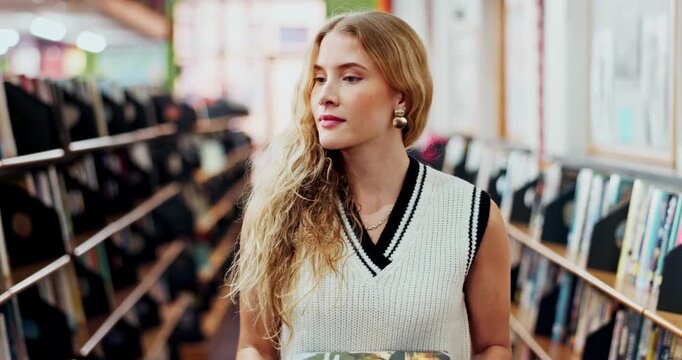 Student, girl and library for search book for reading, learning and information for knowledge. Bookshelf, female reader and education resources for homework, assignment and literature for research