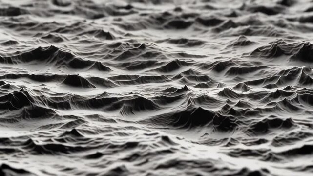 Abstract grey scale landscape animation with detailed peaks and valleys rolling into each other with distant focus background