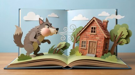 Pop up book showing big bad wolf blowing at brick house, three little pigs fairytale paper cut style © Kratist