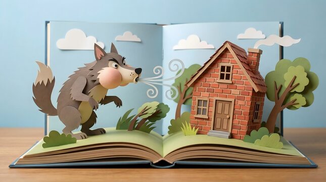 Pop up book showing big bad wolf blowing at brick house, three little pigs fairytale paper cut style