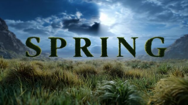 Green letters spell spring over grassy hills