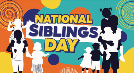 Obraz premium National Siblings Day Celebration with Diverse Children Silhouettes in Vibrant Colors on Abstract Background for Social Media