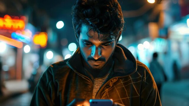 Night street lights glow behind him. Man stares intently at his phone. Urban backdrop blurs softly behind. He wears a dark, textured jacket. Focused gaze suggests deep thought