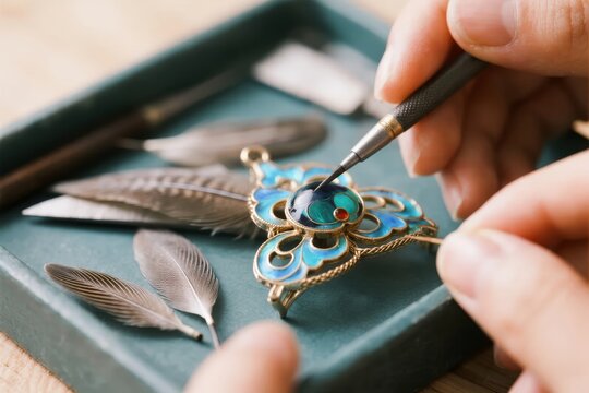 Close-up of hands crafting an ornate enamel jewelry piece with fine tools and feathers nearby