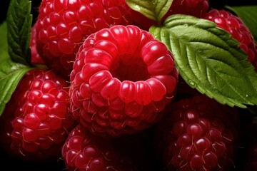 Ripe red raspberries with lush green leaves, capturing their natural texture and vibrant color