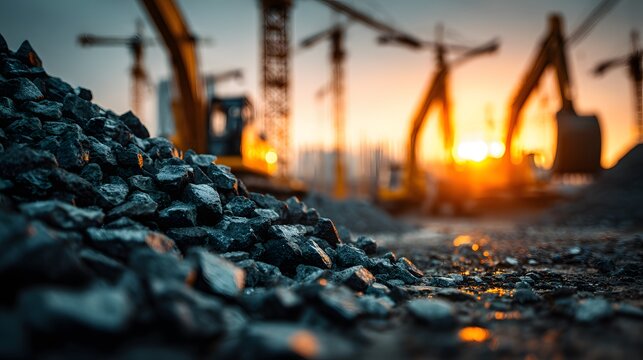 Massive pile of dark textured crushed stone and gravel in sharp foreground focus, dynamic construction site at sunset with towering crane.