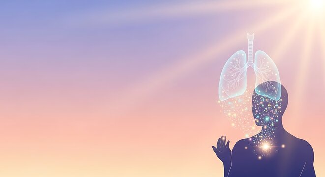 Man meditating with glowing lungs and sparkling energy