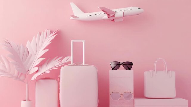 Pink airplane flies overhead. Pastel luggage and accessories sit below. Soft pink backdrop enhances dreamy feel. Minimalist style suits travel and luxury themes
