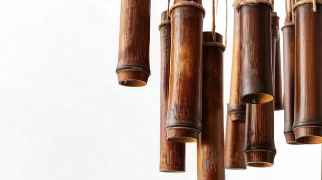 Bamboo tubes hang softly against a clean white background. Natural wood tones highlight their organic texture. Each cylinder shows subtle growth rings and aged patina