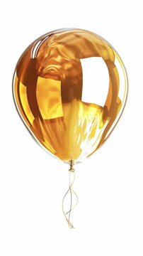 Golden balloon floats gently against pure white backdrop. Reflective surface shows subtle ambient light. Soft strings trail downward from its base. Balloon remains centered, untouched, serene