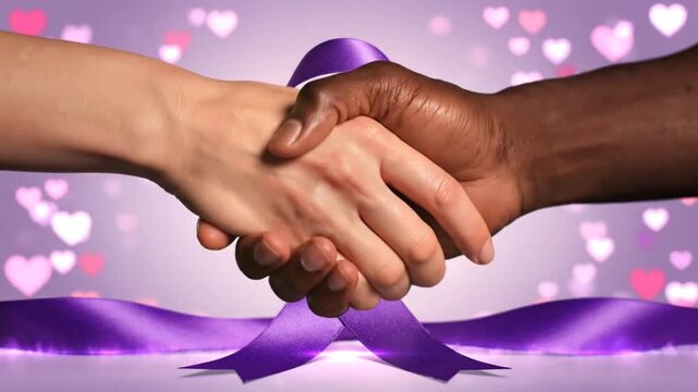 Diverse hands holding purple awareness ribbon with heart background