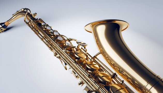 Shiny gold saxophone close-up on white backdrop for musical performance and jazz event