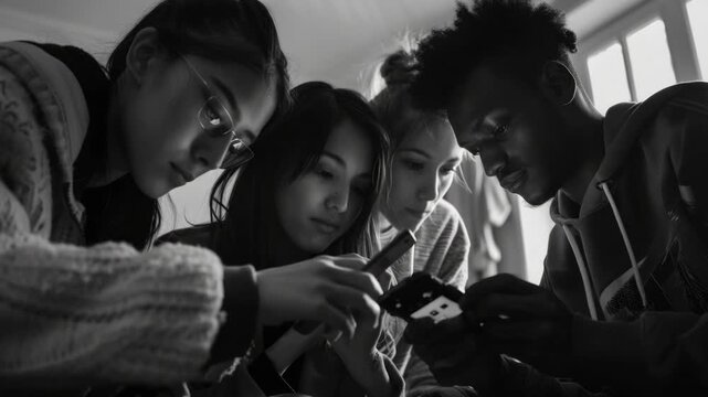 Young people lean close, sharing focus. Hands hold a small device, glowing screen. They study intently, eyes locked on display. Diverse faces show engagement, curiosity