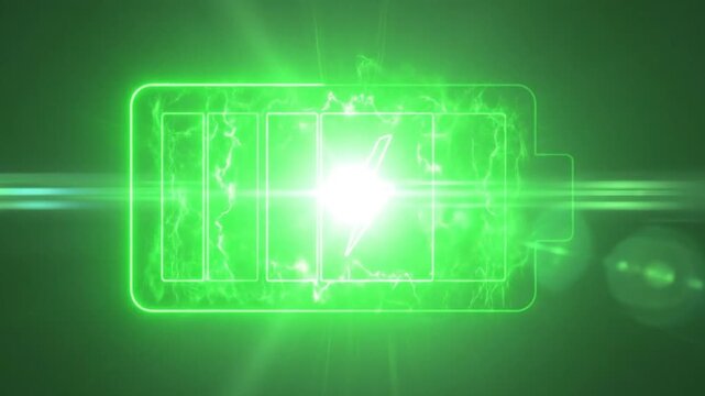 Glowing green battery icon with lightning bolt, symbolizing energy and power.