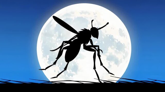 Animated wasp silhouette with full moon background insect horror scene cartoon style video