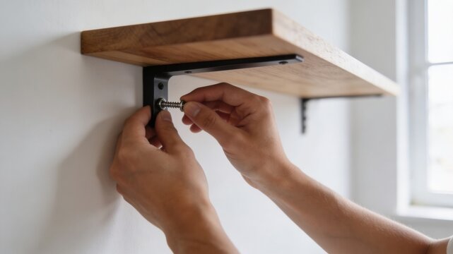 Detailed close-up of hands expertly securing a new wooden shelf to a pristine white wall using a screw and metal bracket, highlighting a practical home improvement task