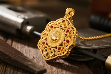 Intricate gold pendant with red gemstones and detailed filigree design resting on a wooden workbench near jewelry-making tools
